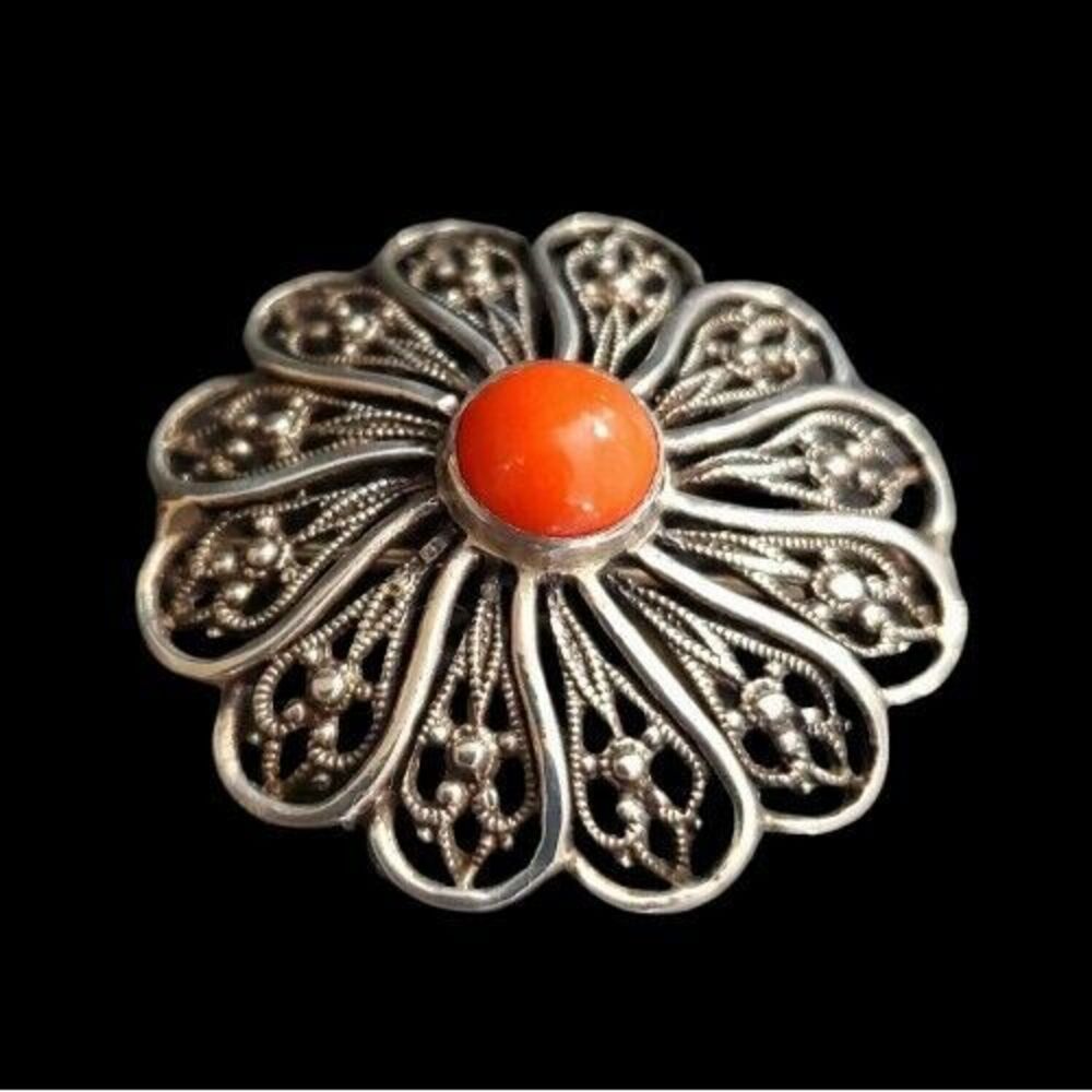 Coral Silver Brooch 835 Silver European Vintage‎ Marked Signed, 1.25" Inches
